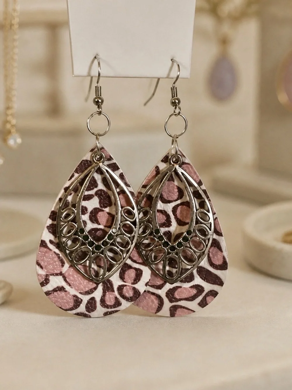 Delicate Pink Cheetah Print Teardrop Filigree Earrings - Women Jewelry